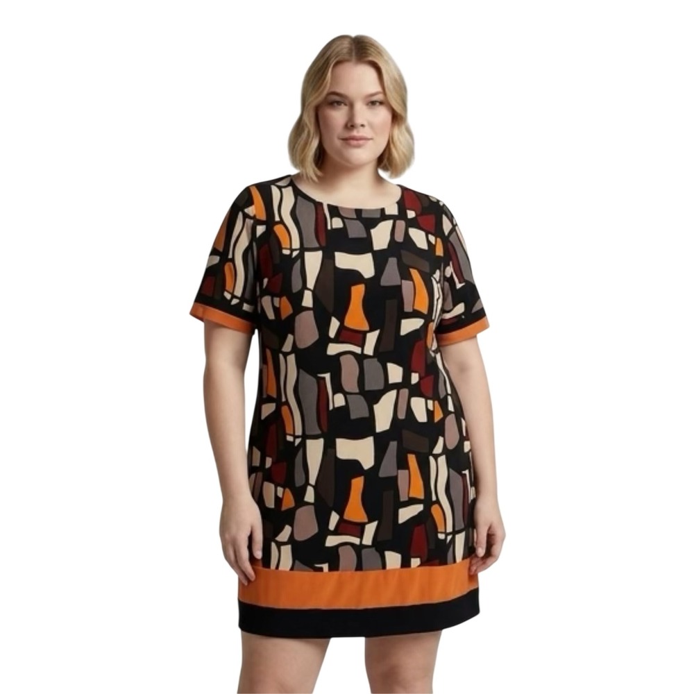 Madison Leigh Woman Abstract Geometric Print Shift Dress Orange Black 18W